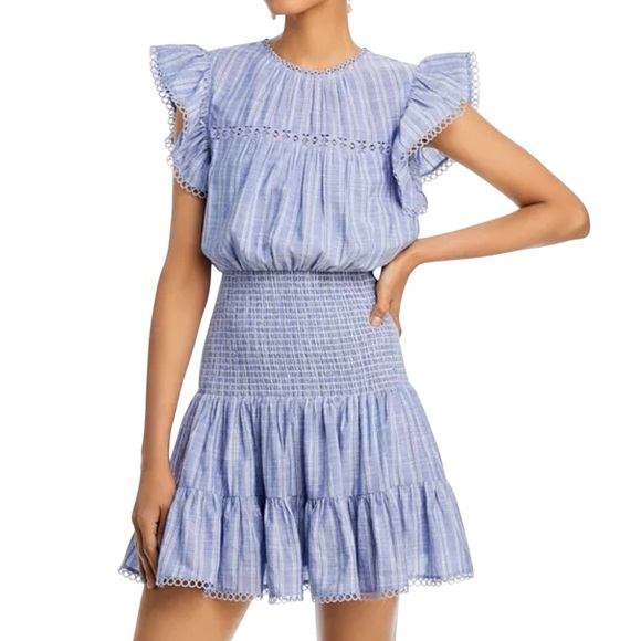 AQUA Eyelet Cotton Smocked Mini Dress White Romantic Coquette Cottagecore Large - Picture 1 of 9